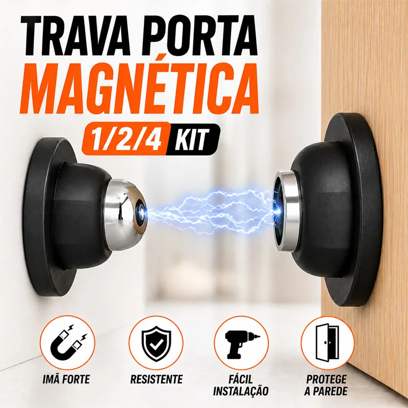 Prendedor Trava Porta Magnético Imã Batedor Fixador Adesivo Inox Preto Resistente Forte Durável