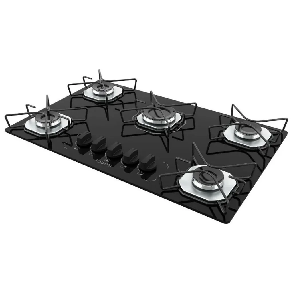 Cooktop Fogatti à Gás FGT 5 Bocas Vidro Preto Flange Inox Bivolt - Acendimento Automático