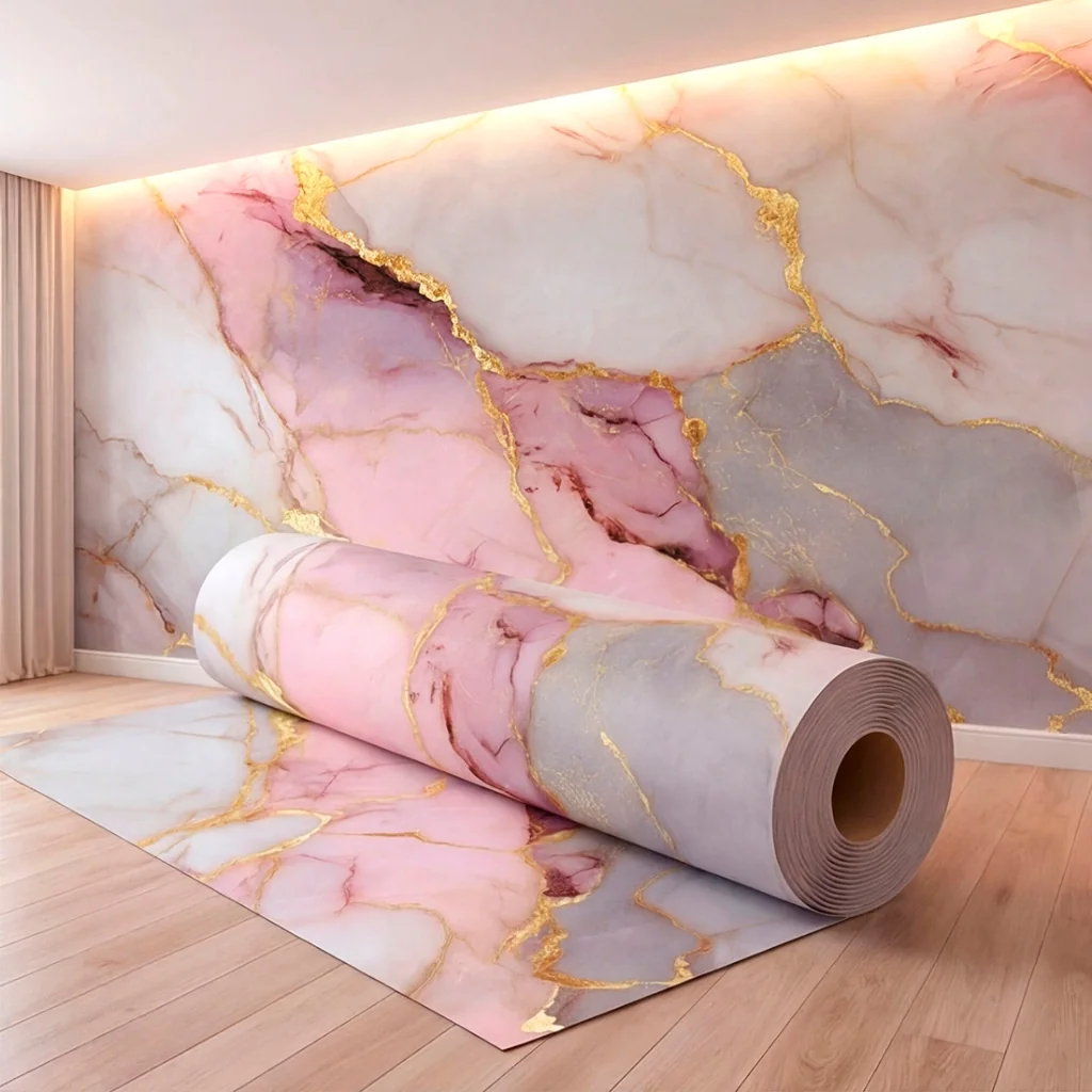 Papel de Parede Adesivo Mármore Rosa Dourado Delicado Para Quarto Salão
