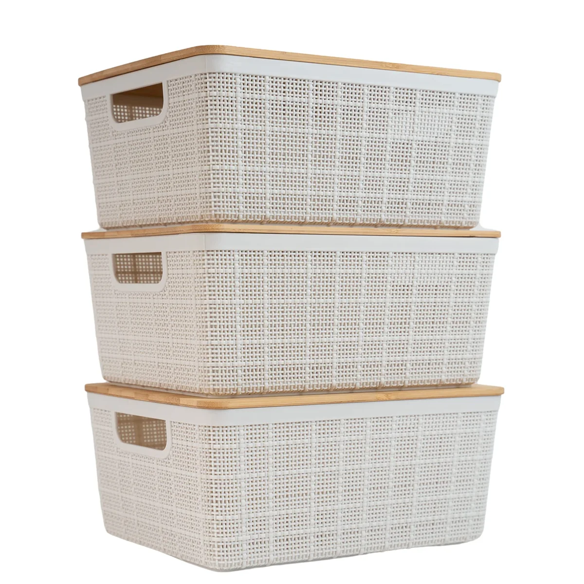 Oikos - Kit 3 Caixas Organizadoras 4L com Tampa de Bambu Brancas Multiuso | Empilháveis, organizador para closet, banheiro, cozinha, lavanderia, escritório, fácil limpeza, design moderno