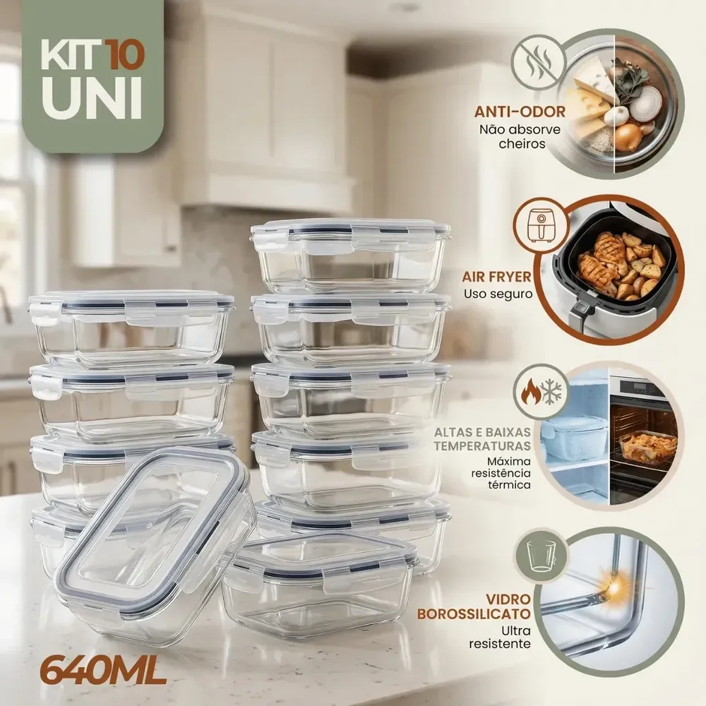 Kit 10 Pote De Vidro Marmita Hermético 640ml Freezer Fitness Rishon Azul-escuro