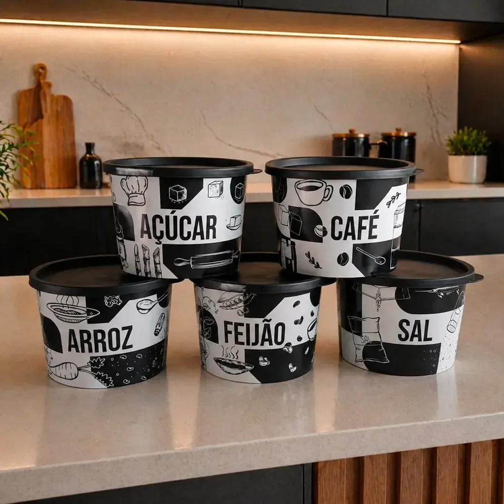 Kit Porta Mantimentos 5 Peças Redondo Com Decoração 1,5 Lt