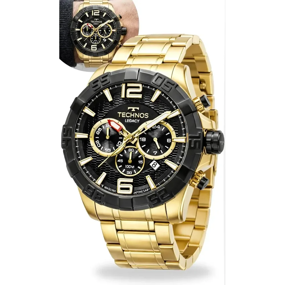 Relógio Technos Masculino Legacy Cronógrafo Aço Dourado Preto 100m +100 vendidos