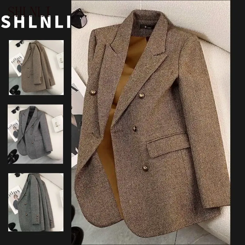 Blazer Feminino Casual Tweed Espinha De Peixe Jaqueta Com Peito Duplo