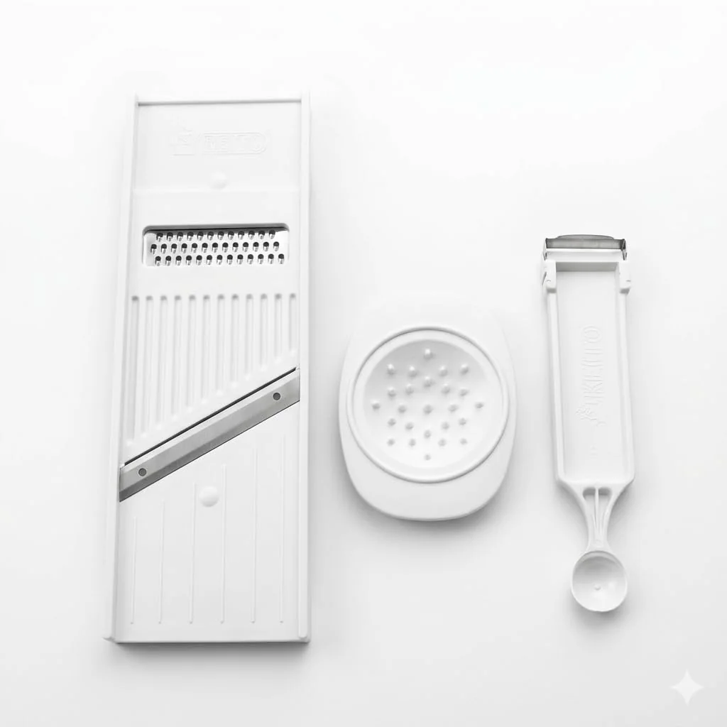 KIT Descascador e Boleador de Vegetais + Fatiador + Ralador + Protetor Prático Bonito Portátil Durável Facilmente Lavável Fatia Queijo Frutas Batata Pepino - Marca MBB Shop