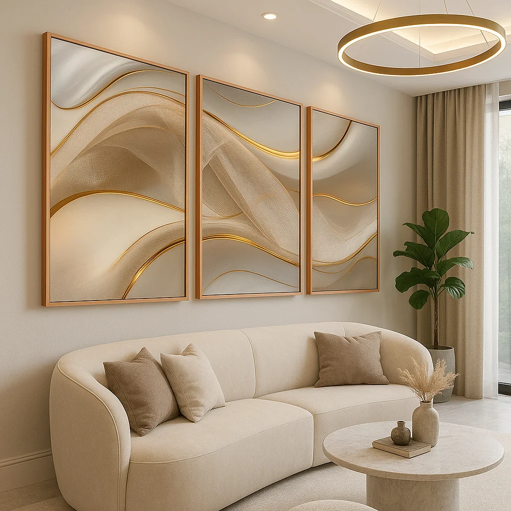 Trio Quadros Decorativo Moldura Vidro 50x70 Cm Linhas Luxo