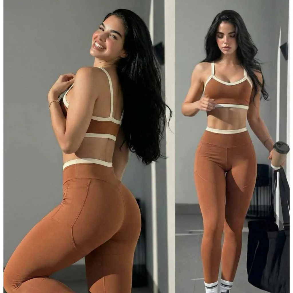 Conjunto Fitness Poliamida Legging com Bolso Recortes Estratégicos Top Duplo com Entrada Bojo