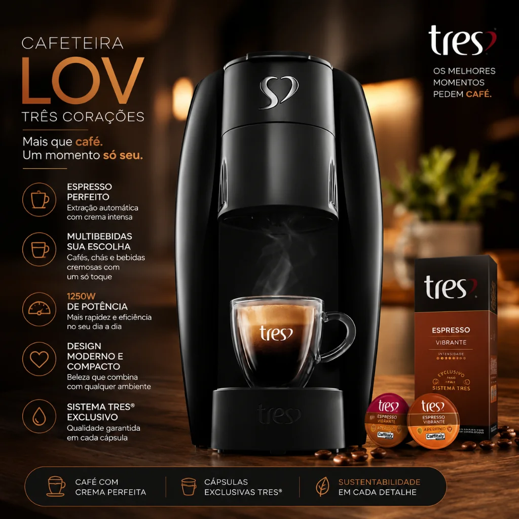 Cafeteira Espresso Três Corações LOV 1250W Máquina de Café Multibebidas Original 127V