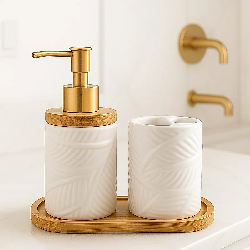 Kit Banheiro Lavabo Porta Sabonete Liquido Dispenser Porta Escova de Dente Cerâmica Luxo