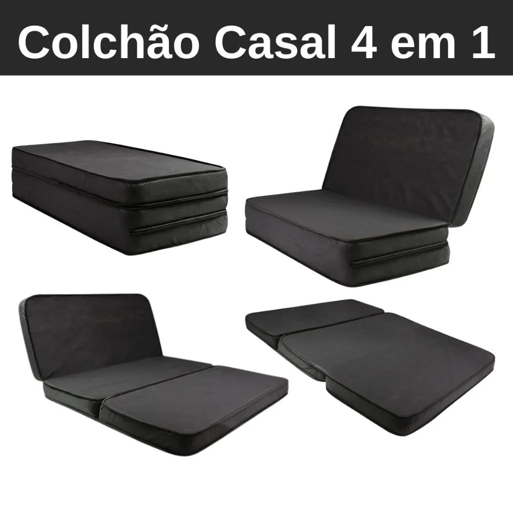 Colchão Dobrável de Casal Sofá Cama Puff Conforto Descanso Leve Densidade 28 Preto 100% de Espumas Prático e Moderno
