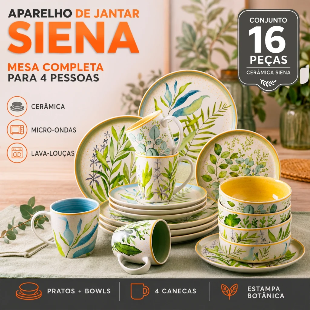 Aparelho de Jantar 16 Peças Cerâmica Siena com Bowls Pratos de Jantar e Sobremesa Rasos