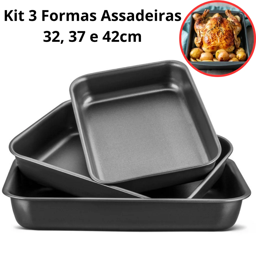 Kit 3 Formas Assadeira 32 37 e 42cm Retangular Antiaderente Grande Aço Carbono Bolo Lasanha Assados