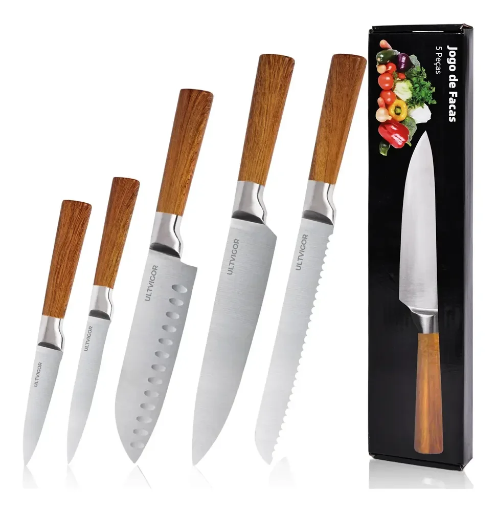 Jogo De Facas 5 Peças Profissional Cozinha Premium Inox Marrom
