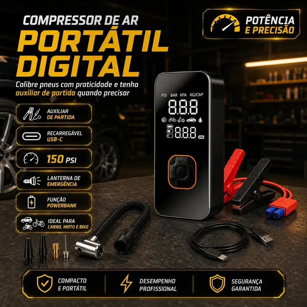 Compressor Ar Portátil Bateria Conector Veicular Bivolt 150 PSI Power Bank e Auxiliar de Partida Mais Emergencial