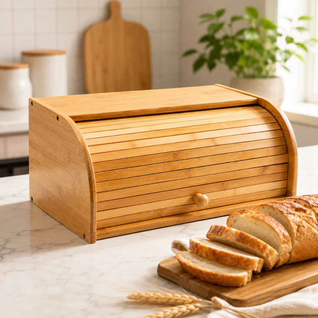 Porta Pães Bambu Grande Premium  com tampa retrátil Baú de armazenamento cozinha organizada