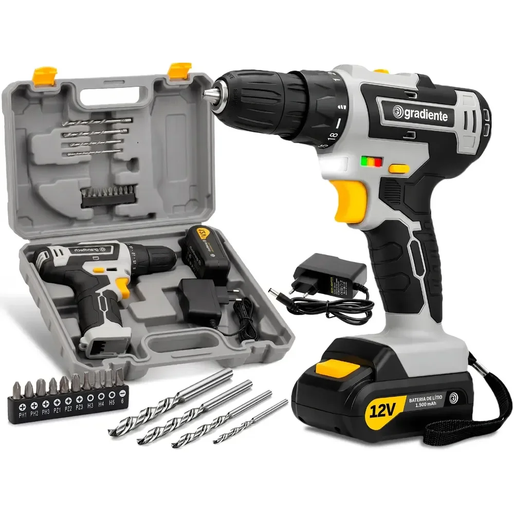 Parafusadeira Furadeira Sem Fio A Bateria 12V 3/8 Pol. 10mm Gradiente Profissional Com Maleta Brocas e Bits