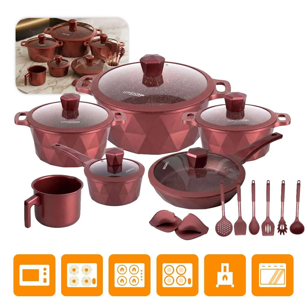 Kit Jogo de Panelas 18 Peças Antiaderente London Com Tampa de Vidro Conjunto + Utensílios