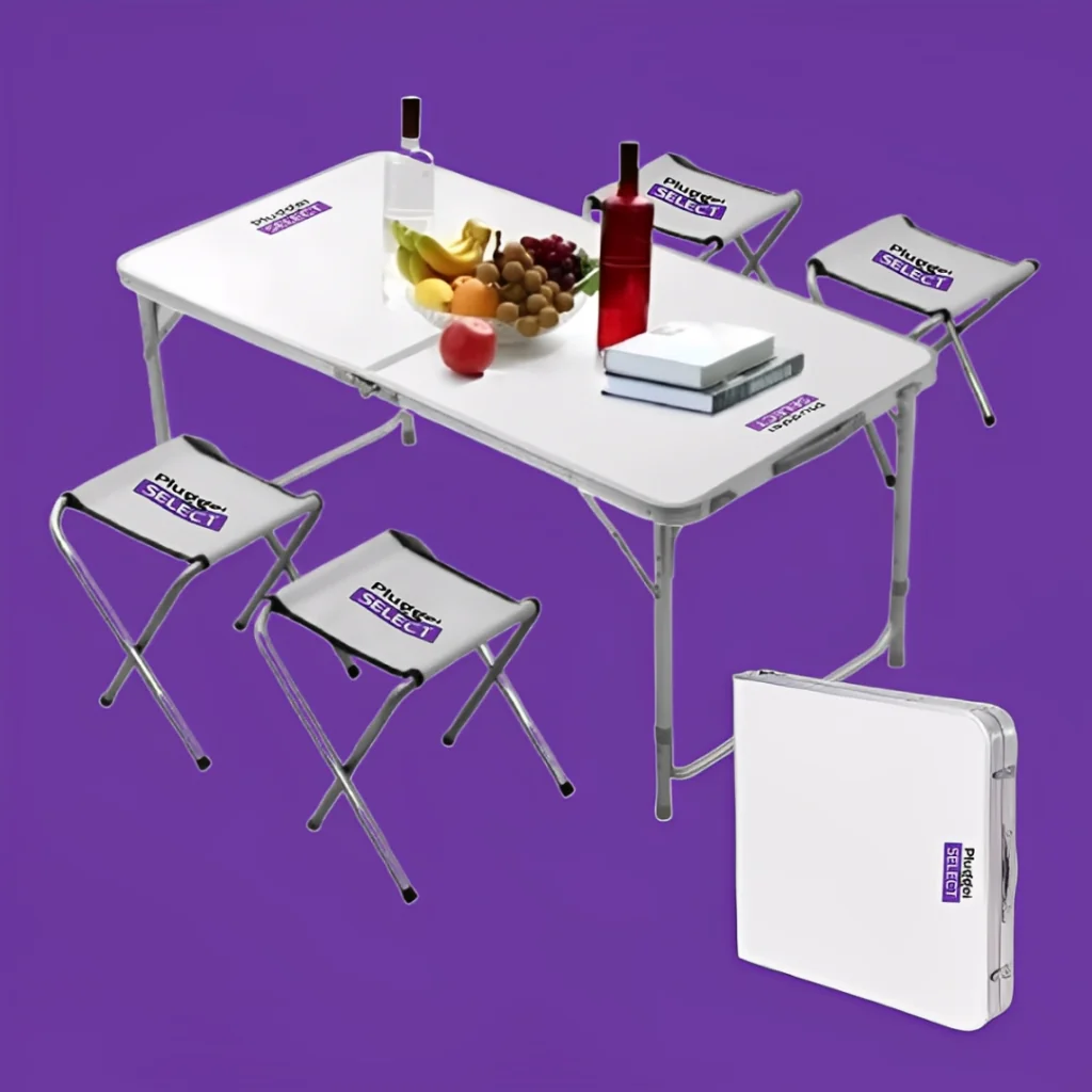Mesa Dobrável Portátil Vira Maleta Camping Praia 120x60cm com 4 Banquinhos Dobráveis Branco