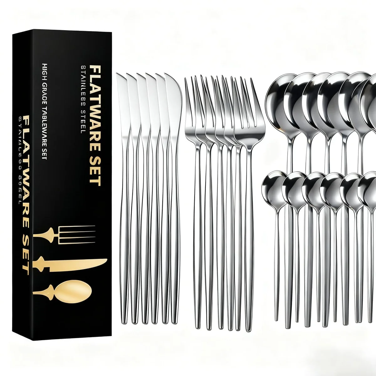 Faqueiro 24 Peças em Aço Inox 416 - Jogo de Talheres Premium com Caixa Litografada, Polido e Espelhado de faca e garfo Conjunto para Mesa Posta e Utensílios de Casa/Restaurante (Prata)