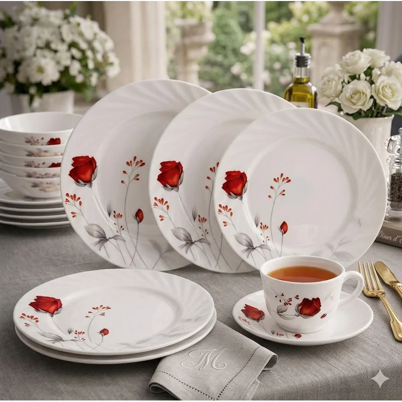 Aparelho De Almoço e Jantar C/ Xicaras Chá prato Estampado Opaline 20 Peças Vermelho
