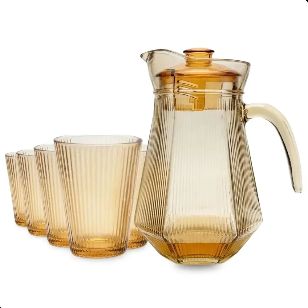 jarra Com 6 Copos Vidro 7 Peças Kit Suco Água