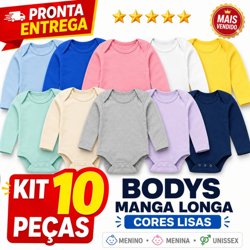 10 Unidades Body De Bebê Manga Longa Infantil Cores Lisas Menino Menina