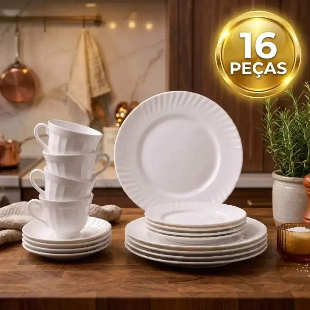 Aparelho De Jantar E Chá Jogo 16 Peças Vidro Branco Completo Opaline Xícara Resistente Pítia