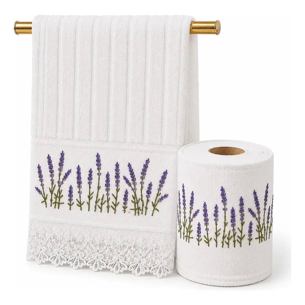 Kit Lavabo Dohler Lavanda Bordada Toalha + Porta Papel Branco Lavanda Provence + Capa