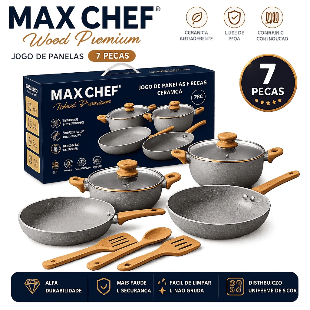 Jogo De Panelas 7 Peças Cerâmica Max Chef Wood Premium Antiaderente Alta Qualidade