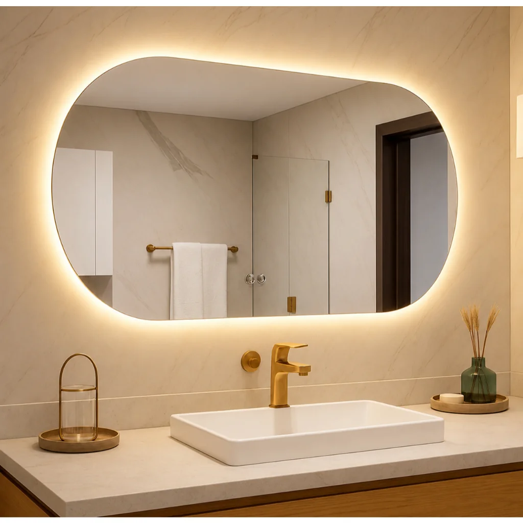 Espelho Oval Orgânico com LED Luz Quente e Fria 80x50 e 40x50 para Banheiro Lavabo Penteadeira