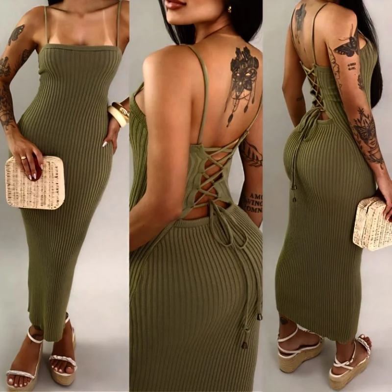 Vestido Midi Trançado nas Costas Tricot Modal Canelado tricô Premium Tendência Verão Festa Praia