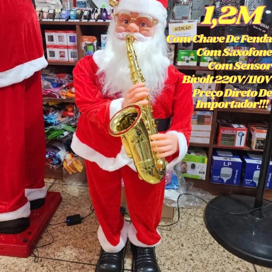 Papai Noel 1,2M Com Saxofone Bivolt 220V/110V Gigante Musical Com Sensor E Chave De Fenda