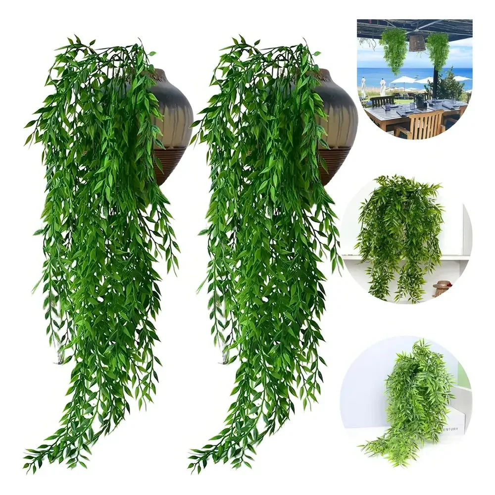 Pendente De Planta Artificial, Kit Com 2 Folhagens Para Jardim Vertical Verde - Folhagem De Bambu