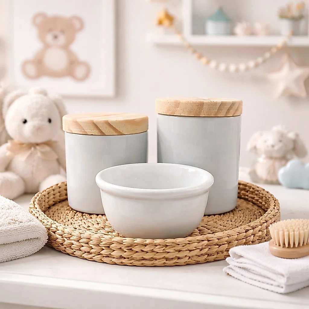 Kit Higiene Bebê Porcelana Branca Tampa Em Madeira 3 Peças Maternidade