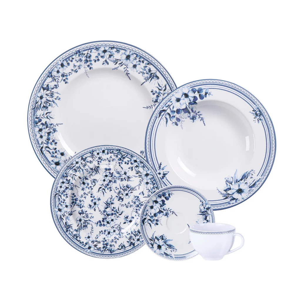 Aparelho Jantar Azzura 30 Peças Porcelana Alta Qualidade Estampa Flores Azuis 6 Pessoas Tramontina