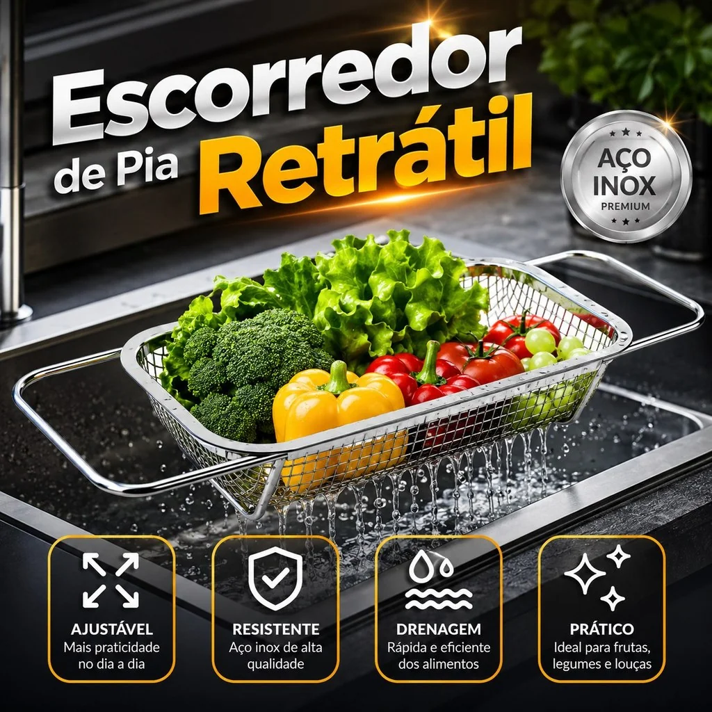Escorredor de pia inox peneira Alça retrátil fruteira alimentos