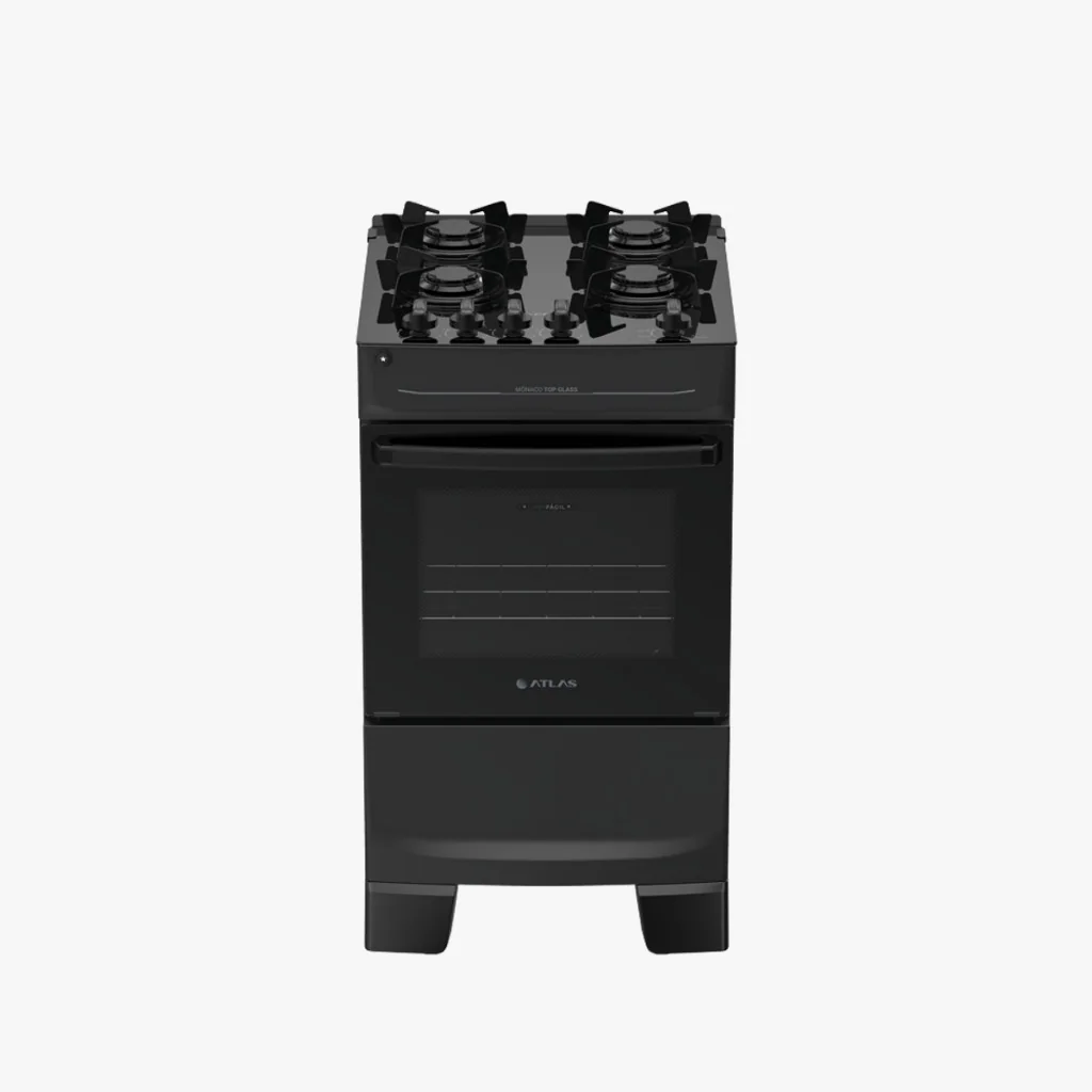 Fogão 4 Bocas Preto com Mesa de Vidro Atlas Mônaco Top Glass Acendimento Automático Bivolt