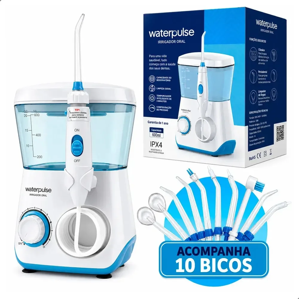 Irrigador Oral Dental Wp62 10 Bicos Waterpulse - Elétrico Bocal Jato Limpador De Língua Água Dentes Boca Gengiva Mangueira 10 Modos Pressão Potente Silencioso 145 Psi 600ml Azul 127/220v