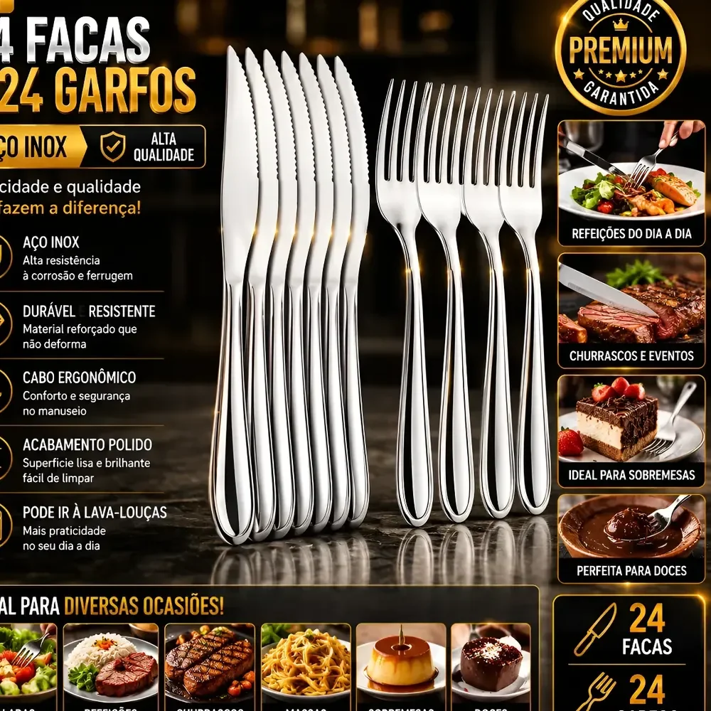 Kit 48 Garfo E Faca Em Inox Talheres De Mesa Buffet Cozinha