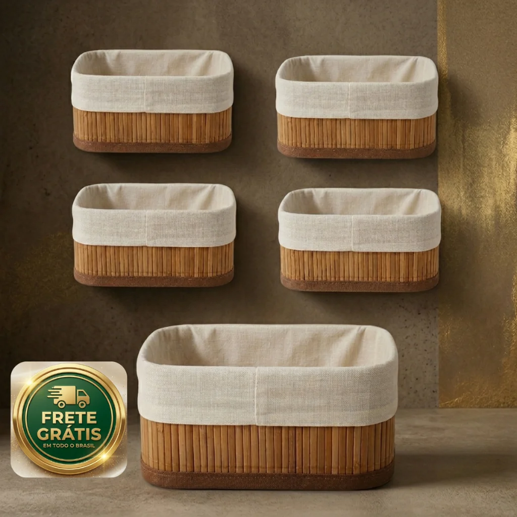 Kit Cestos Organizadores Bambu 5 Peças Retangular com Forro Algodão - Cesto Decorativo Rústico para Casa Lavabo e Escrit