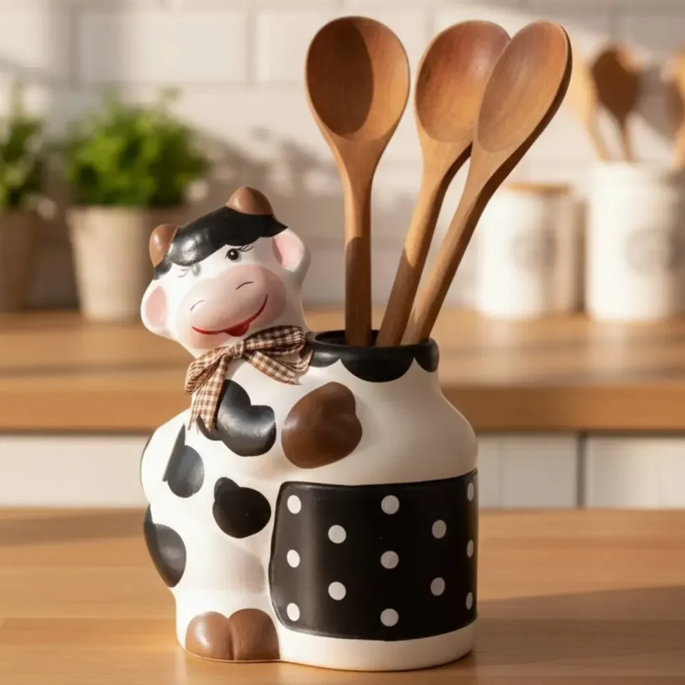 Porta Talher Vaca Cerâmica Latão Cozinha Decorativo Premium Preto