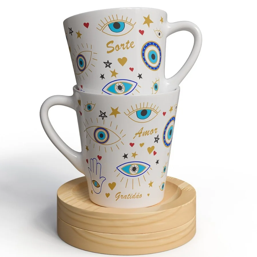 Kit 2 Xícaras Porcelana Com Olho Grego E Pires De Madeira Pinus Para Proteção E Decoração De Café E Chá