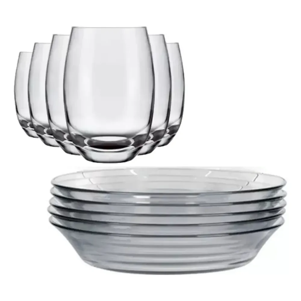 Jogo De 6 Pratos E 6 Copos Vidro Elegante Buffet Restaurante Transparente Liso