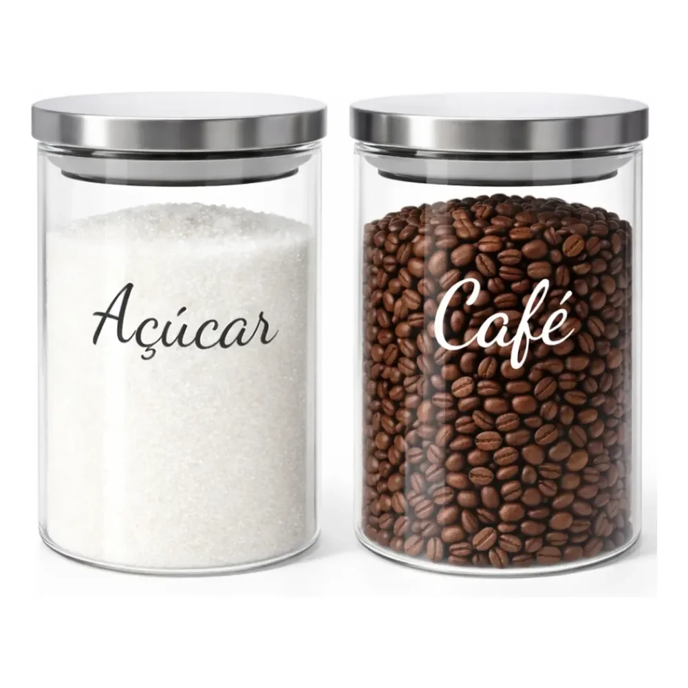 2 Potes De Vidro Hermético Tampa De Inox Para Café E Açúcar Açúcar E Café