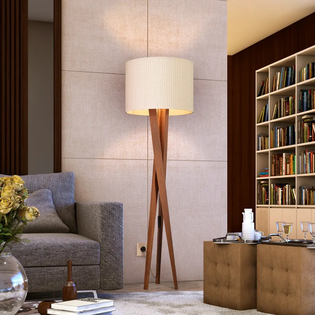Abajur Tripé Luminária De Chão Com Cúpula Pés De Madeira Paris Sala De Estar Escritório Decoração