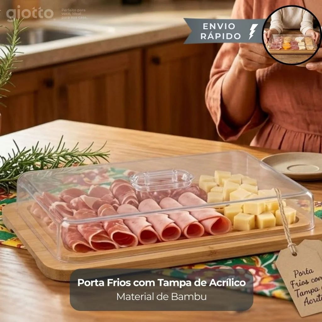 Porta Frios de Bambu e Tampa de Acrílico pegador Queijo Alimentos Cozinha Petisco mesa Armazenamento