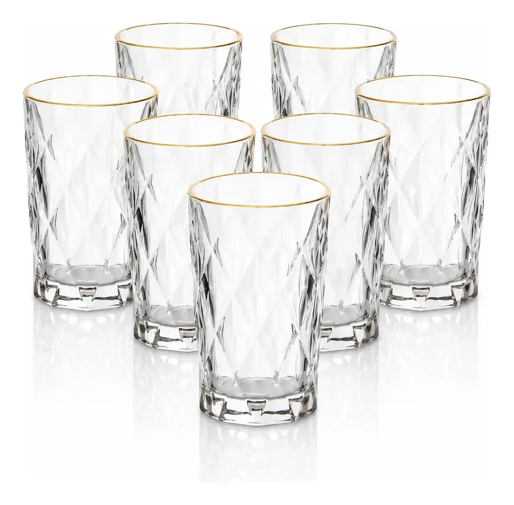 Jogo 6 Copos Altos Diamond 370ml Vidro Luxo Borda Dourada Transparente Com Borda Dourada