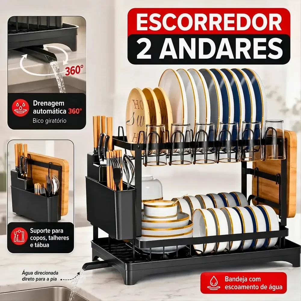Escorredor De Louça Inoxidável 2 Andares Drenagem Automática Bandeja Grande 360º Organizador Pia Com Porta Pratos Tigelas Talheres Copos