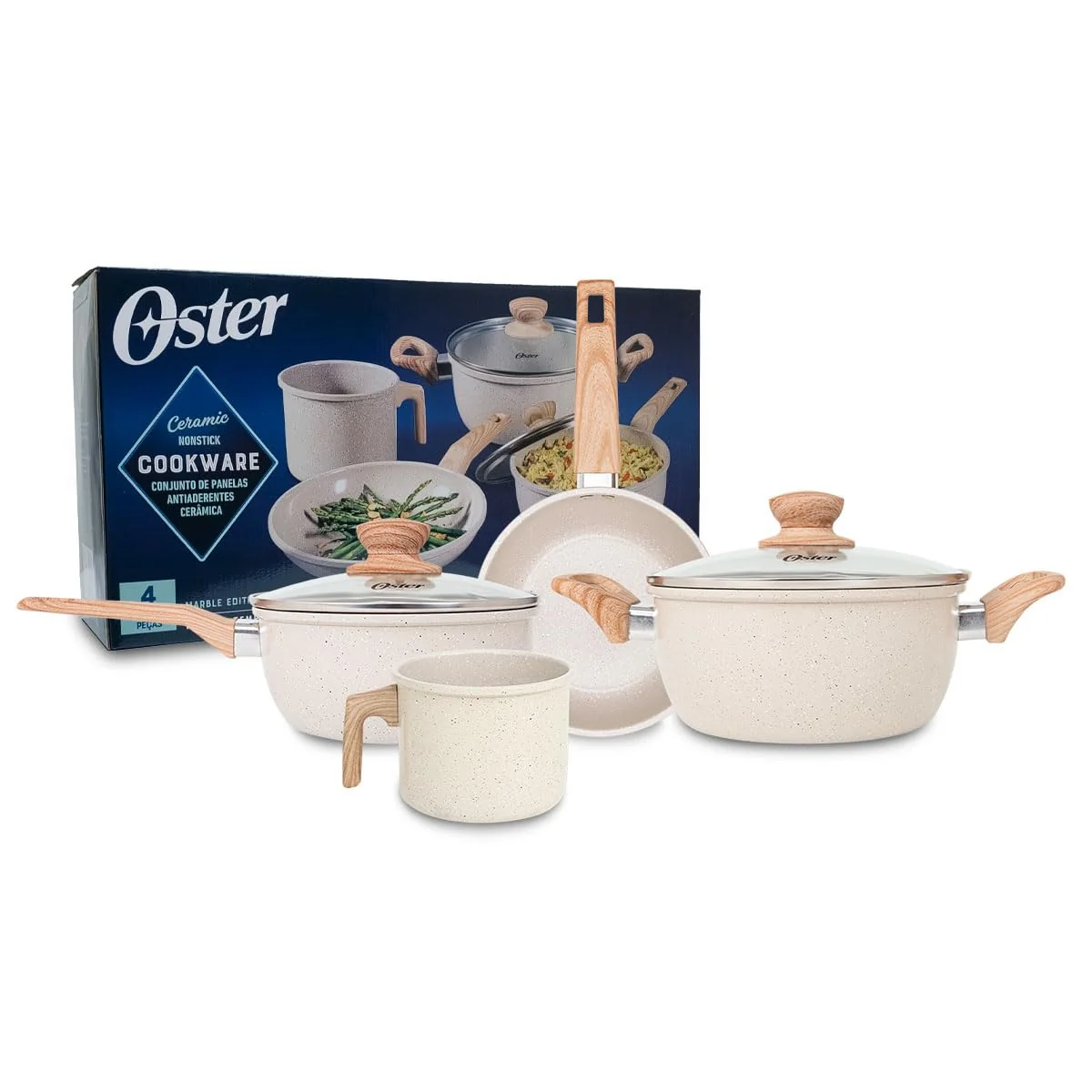 OSTER JOGO DE PANELAS E LEITEIRA MARBLE EDITION CREAM – 4 PEÇAS COM REVESTIMENTO CERÂMICO ANTIADERENTE, ALÇAS EM SILICONE ANTITÉRMICO E BASE COMPATÍVEL COM INDUÇÃO
