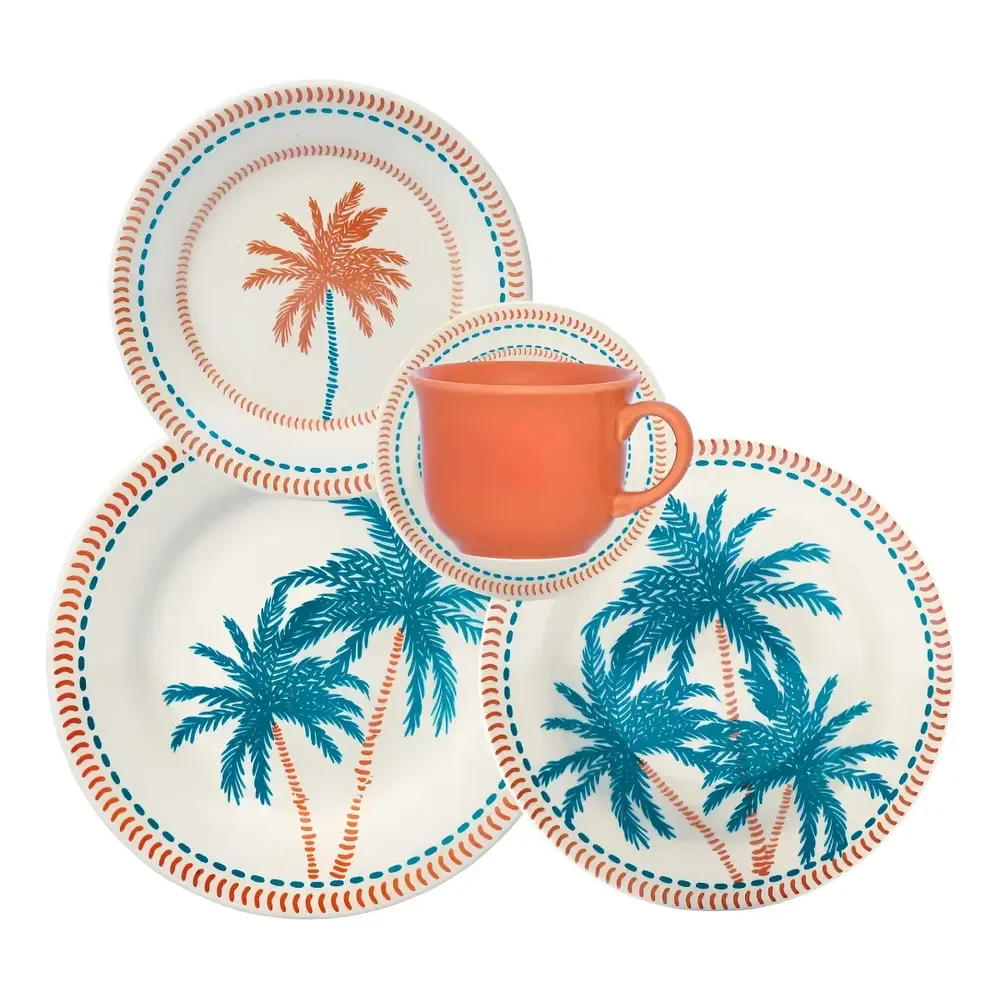 Aparelho De Jantar 30 Peças Biona Donna Caribe Cerâmica Branco Laranja E Azul